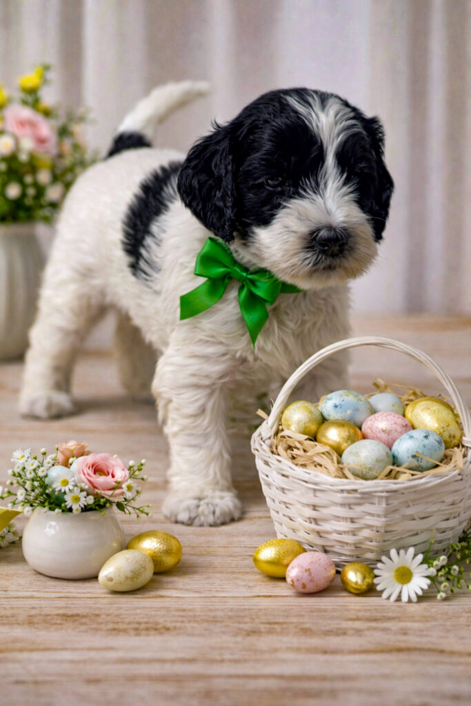 Black and white Parti Labradoodle puppy